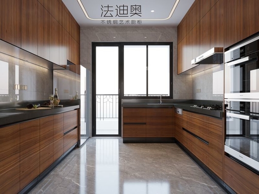 Luxurious, Refined, And Resilient Light Brown Wood Grain Stainless Steel Cabinetry