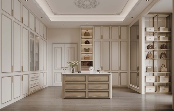 Durable Elegantly Crafted Custom Walk In Closet  With Refined Gold Detailing