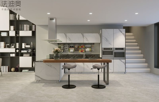 Armadi da cucina aperti a forma di L Disegno di espansione dello spazio con barra integrata