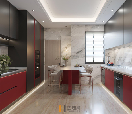 Linea minimalista Gabinetto da cucina moderno in rosso e nero con bancone esteso