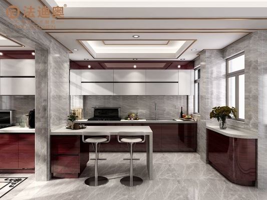 Armadietti da cucina in acciaio inossidabile eleganti, durevoli e minimalisti con eleganti accenti di sequoia e quarzo