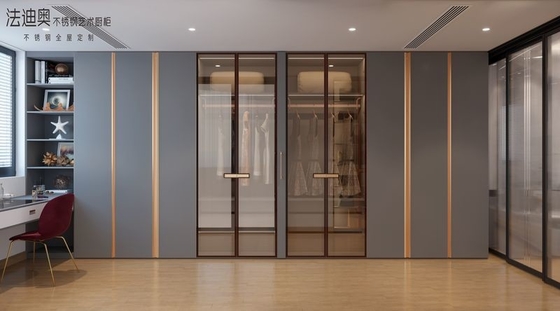 Armadio modulare in acciaio inossidabile grigio blu con accenti gialli e eleganza sottile