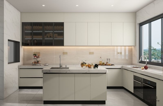 Armadio da cucina in acciaio inossidabile in forma di U con design integrato senza soluzione di continuità
