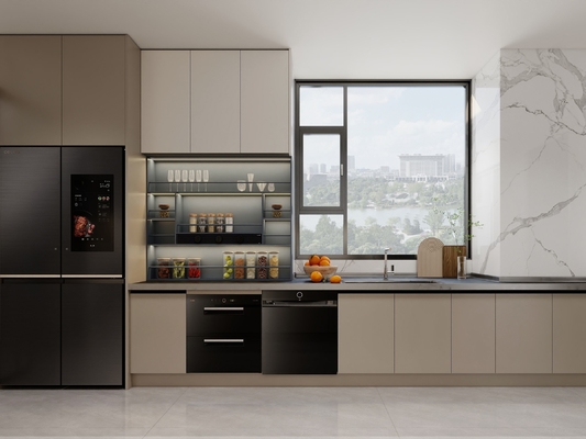 Armadio da cucina in acciaio inossidabile in forma di U con design integrato senza soluzione di continuità