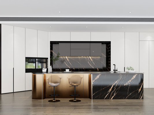 Armadio di cucina moderno SS di lusso con isola d'oro metallico curvo multifunzionale