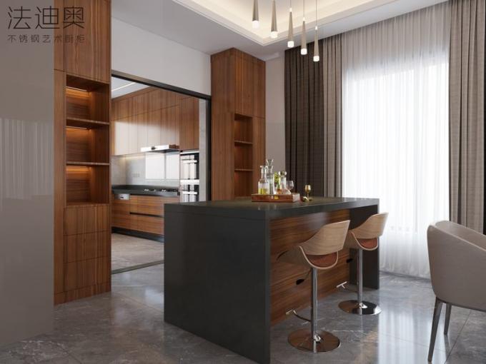 Luxurious, Refined, And Resilient Light Brown Wood Grain Stainless Steel Cabinetry - the collectionâs latest Chinese-style stainless steel kitchen design with room context